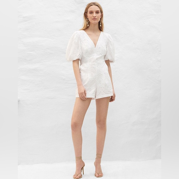 Express Pants - Express Eyelet Lace Puff Sleeve Romper White Size Large